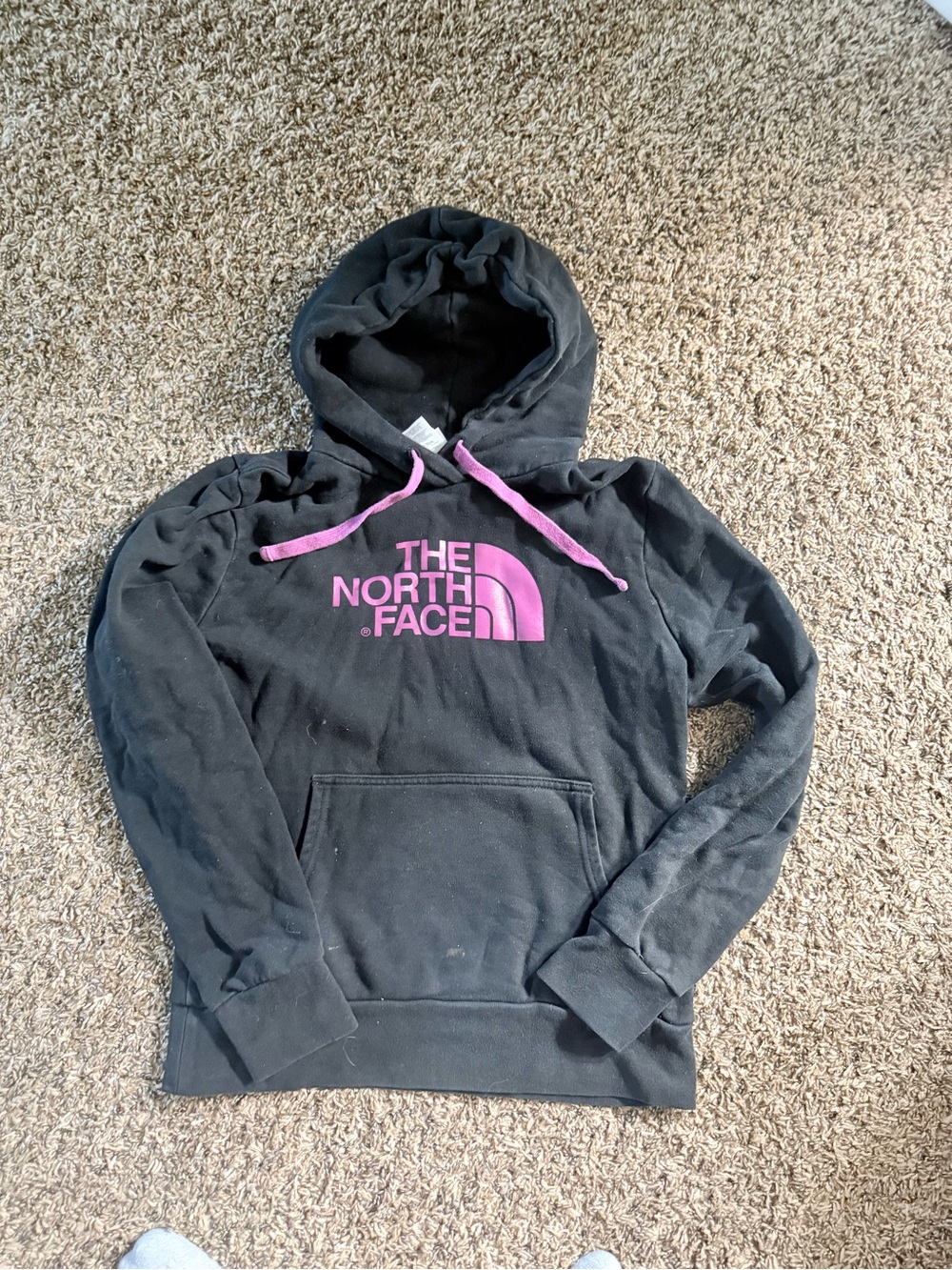 The North Face Black Hoodie with Pink Logo and Drawstrings